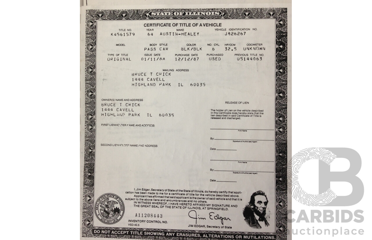 1/1964 Austin Healey 3000 MKIII BJ8 Phase 1 2+2 2d Convertible Black 2.9L