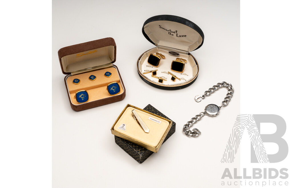 Original Boxed Vintage Masonic & Onyx Cuff Links & Button Sets with Unused Vintage SOS Bracelet & Tie Bar