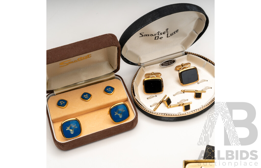 Original Boxed Vintage Masonic & Onyx Cuff Links & Button Sets with Unused Vintage SOS Bracelet & Tie Bar