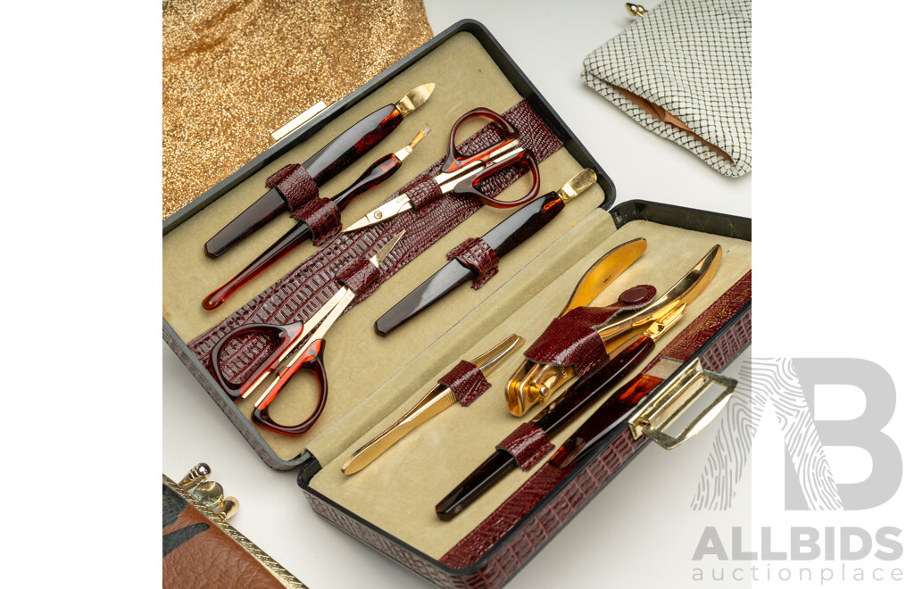 Vintage Collection of Smalls with Kangaroo Fur Clutch, Unused Manicure Set in Leather Embossed Case & Glomesh Style Purses