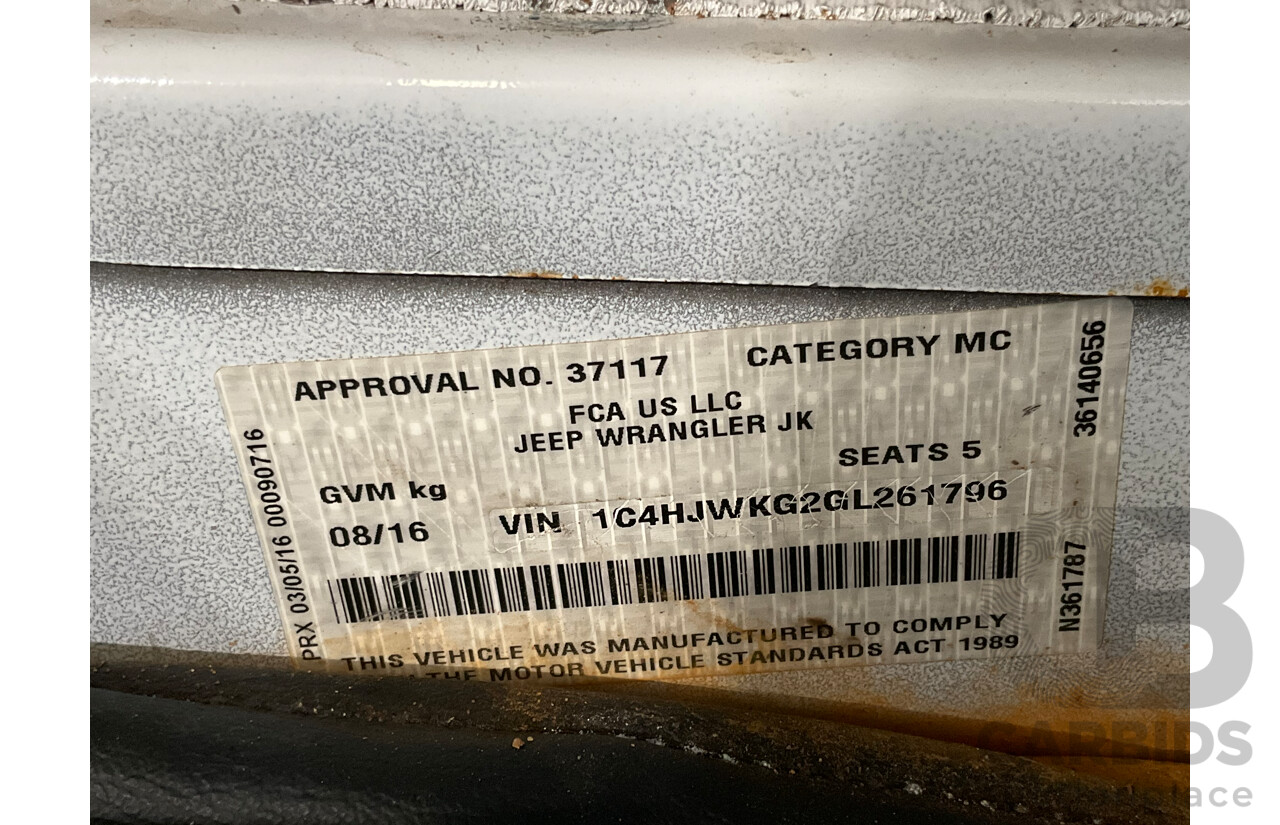 08/2016 Jeep Wrangler Unlimited Sport (4x4) JK MY16 4d Hardtop Bright White V6 3.6L