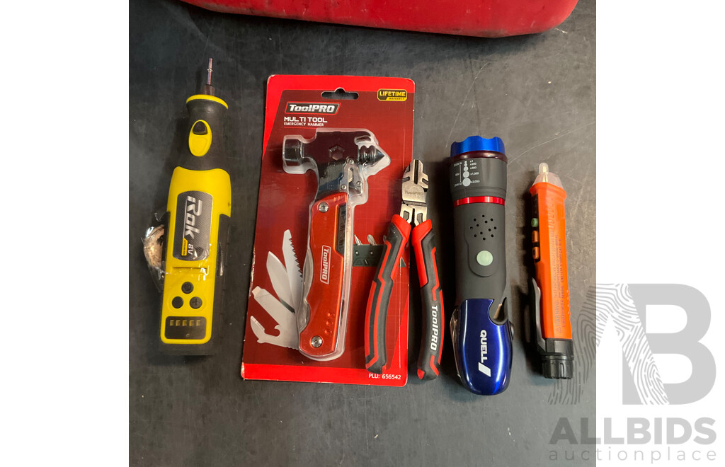 Rock 8V LITHIUM-ION Rotary Tool & ToolPRO Multi Tool & Quell Emergency Multi-tool Flashlight & Voltage Tester & Petrol Tank - Lot of 6