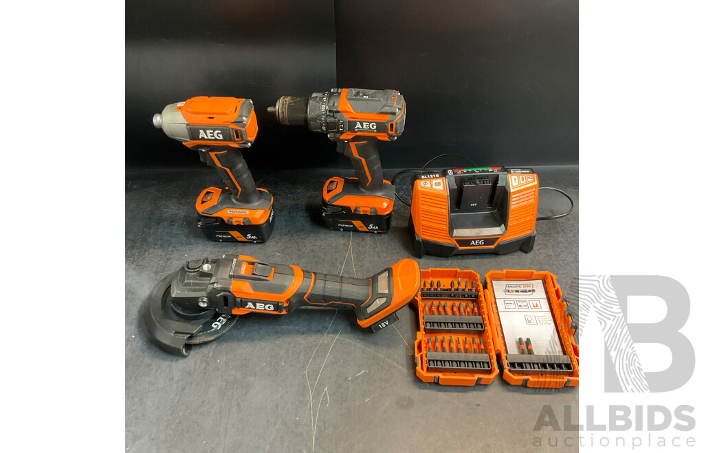 AEG Electric Tools (BSS18BLC,BSB18B2M,BEWS18125BLC) with 2x Batteries & Charger & Driving Bit Set