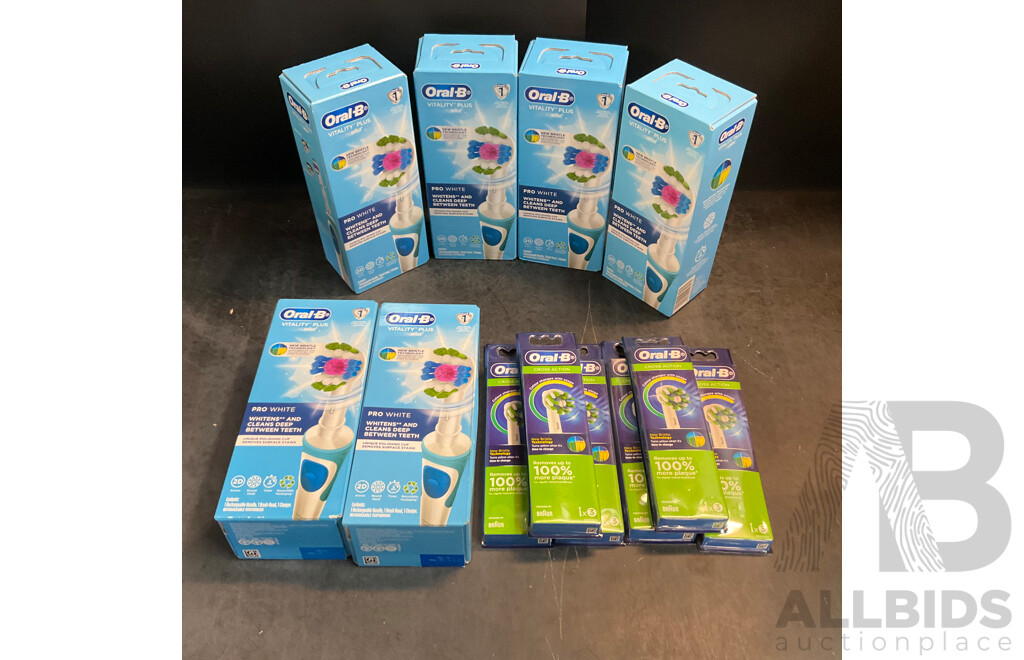 Oral-B Vitality Plus PRO White Rechargeable Toothbrush X6 & Floss Action Brush Heads 3Packs X6 - Lot of 12