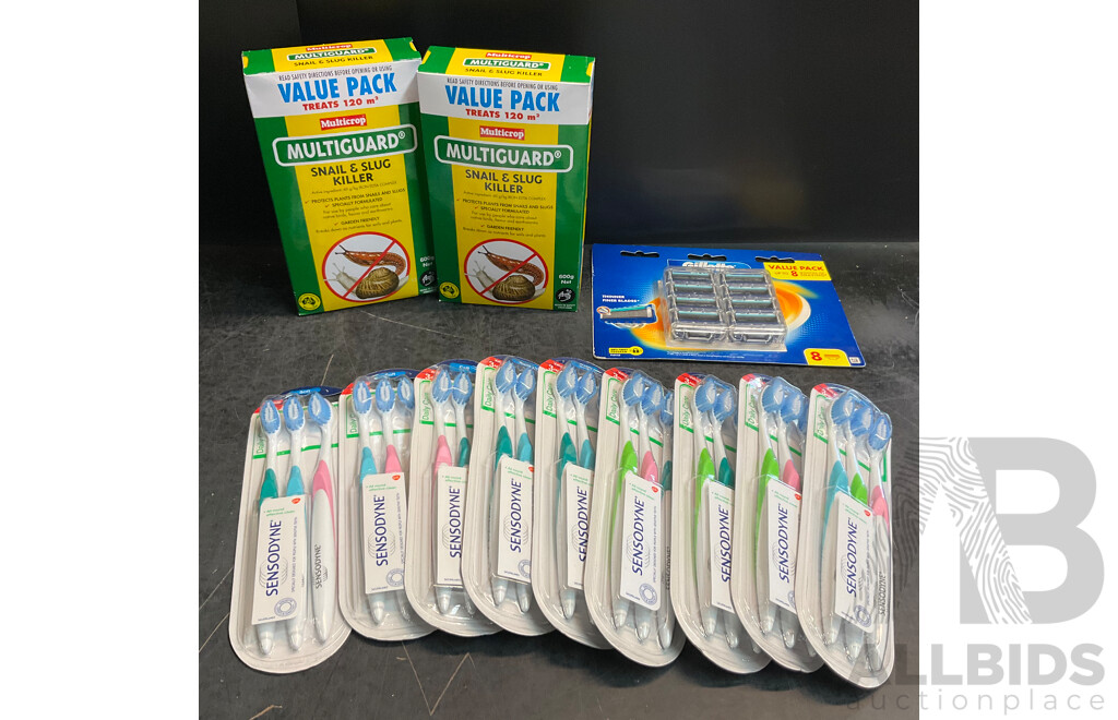 Sensodyne 3 Packs Toothbrush X9 & Gillette Blades 8 Packs & 2 Value Pack of Snail /Slug Killer