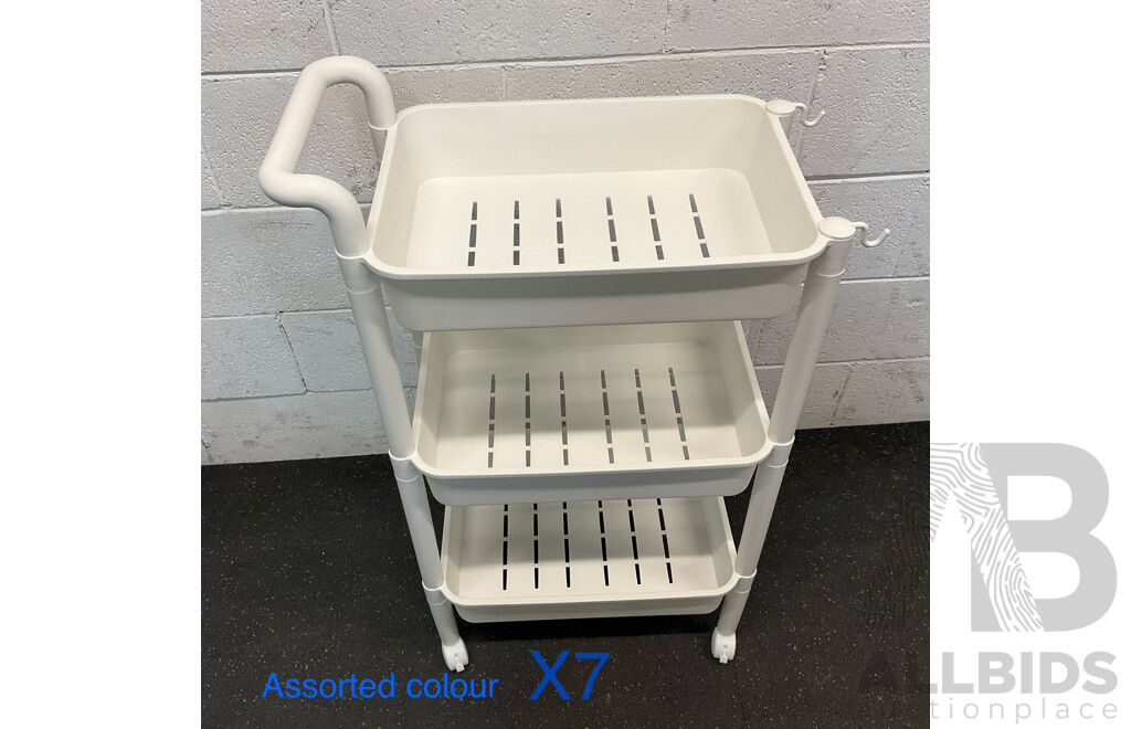 Mobile 3-Tier Storage Shelf with Wheels - Assorted Colours - Lot of 7