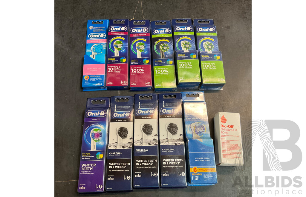 Assorted Oral-B  Brush Heads Packs X11 & Bio Oil Skin Oil 60ml - Lot of 12