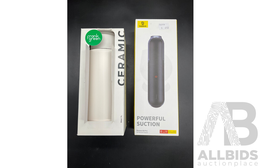 FRANK GREEN Ceramic 1L Pink/Green Bottle and BASEUS AO Pro Car Vacuum Cleaner - Lot of 2