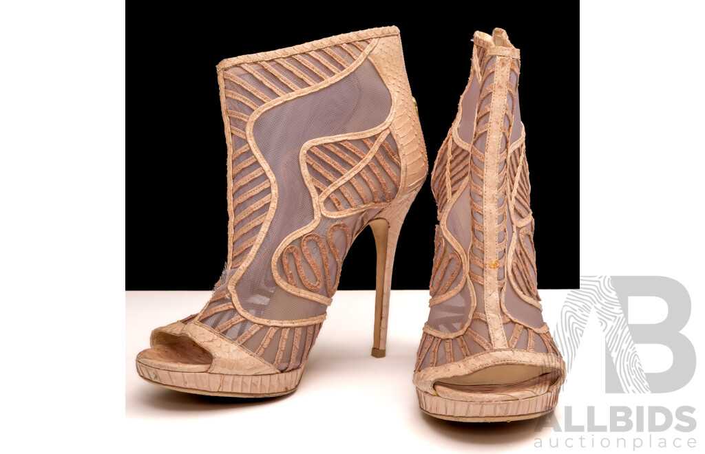 Jimmy Choo Beige Python & Mesh Open Toe Platform Ankle Bootees, Size 42