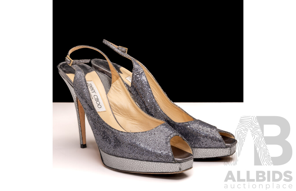Jimmy Choo Nova Anthracite Glitter Slingback Platform Pumps, 12cm Heels, Size 42