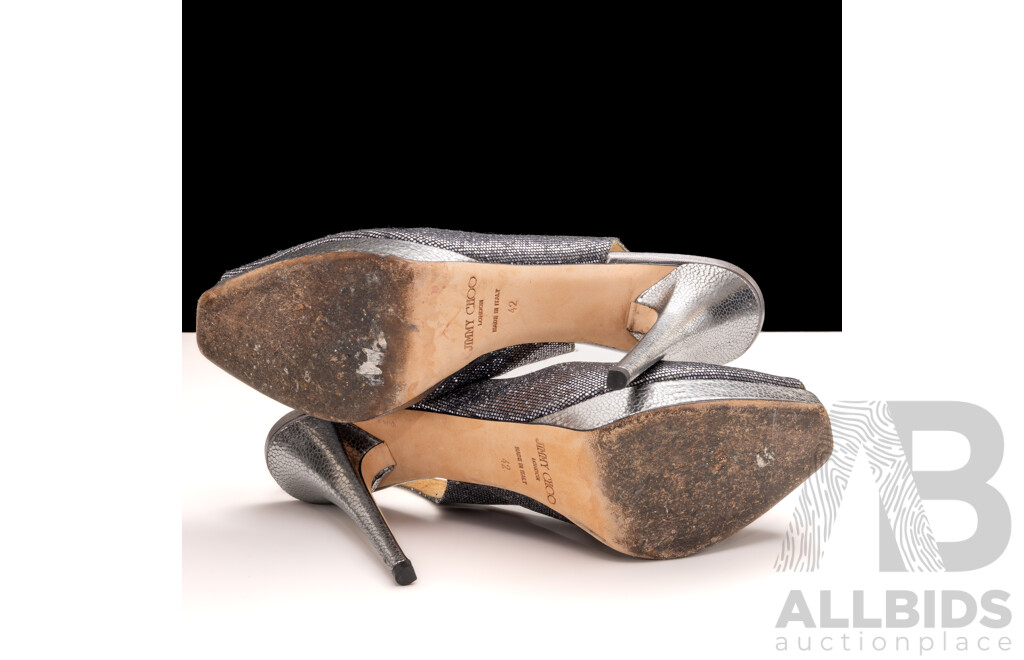 Jimmy Choo Nova Anthracite Glitter Slingback Platform Pumps, 12cm Heels, Size 42