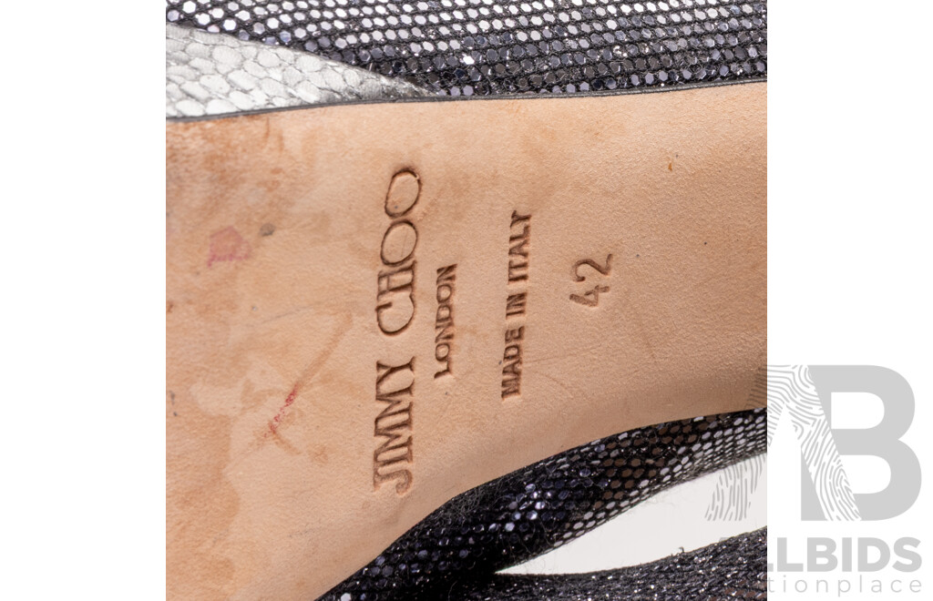 Jimmy Choo Nova Anthracite Glitter Slingback Platform Pumps, 12cm Heels, Size 42