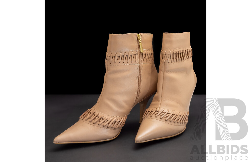 Custom Beige Leather Ankle Boots with Laced Leather Embellishment, Made in Brazil, Size 42