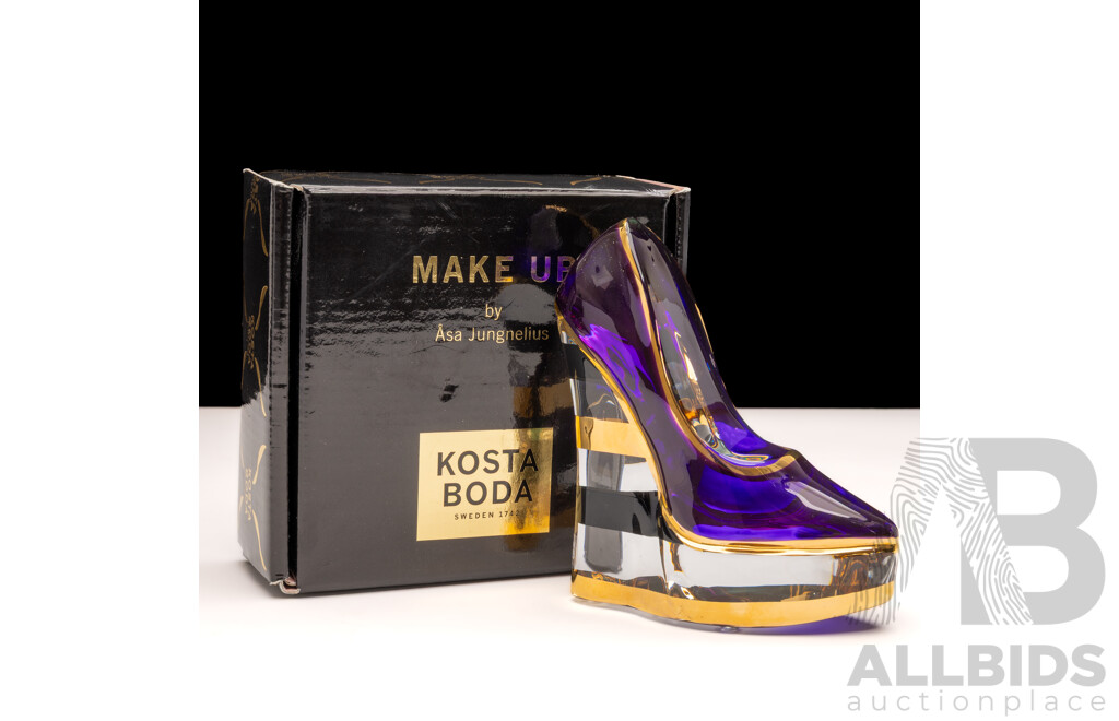 Kosta Boda 'Make Up' by Asa Jungnelius Purple Pump Heel Shoe 'Stripe' Sculpture, 7091349, with Original Box