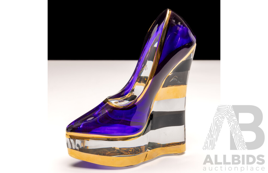 Kosta Boda 'Make Up' by Asa Jungnelius Purple Pump Heel Shoe 'Stripe' Sculpture, 7091349, with Original Box