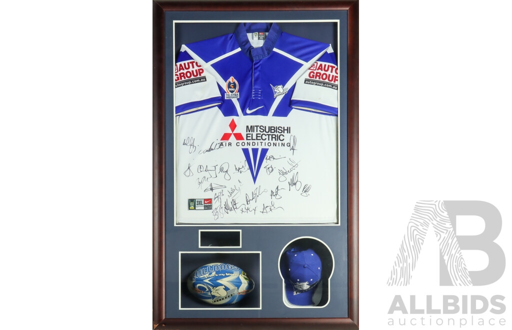 Framed 2004 Signed Premiership Canterbury Bankstown Bulldogs Jersey with Ball and Cap