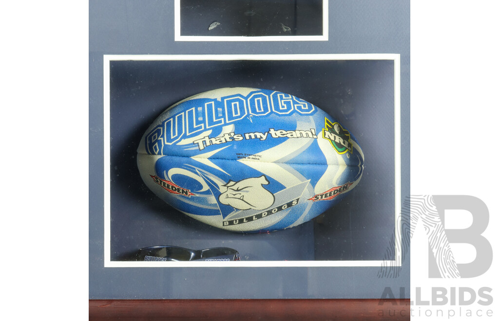 Framed 2004 Signed Premiership Canterbury Bankstown Bulldogs Jersey with Ball and Cap