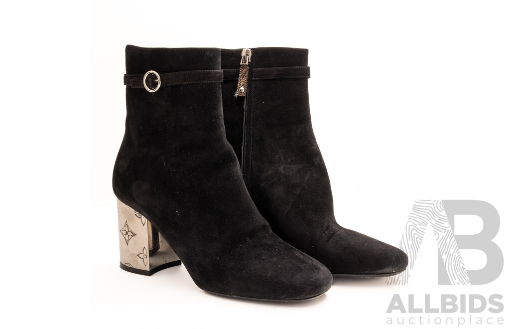Louis Vuitton Silhouette Ankle Boot, Black Seude with Silver Monogram Heel, 7.5cm Heel, Size 37