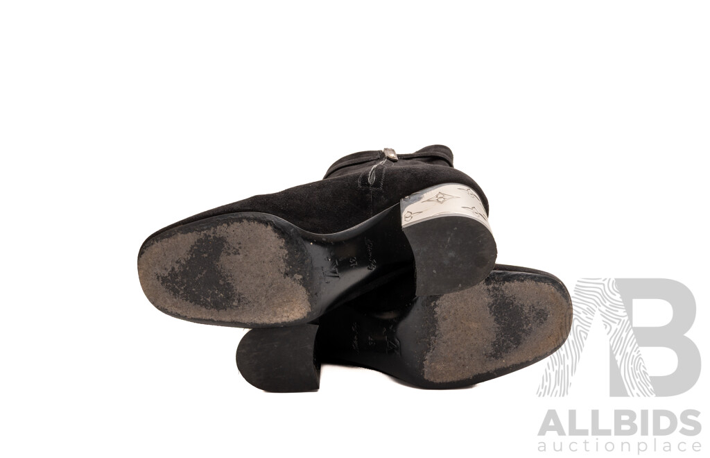Louis Vuitton Silhouette Ankle Boot, Black Seude with Silver Monogram Heel, 7.5cm Heel, Size 37