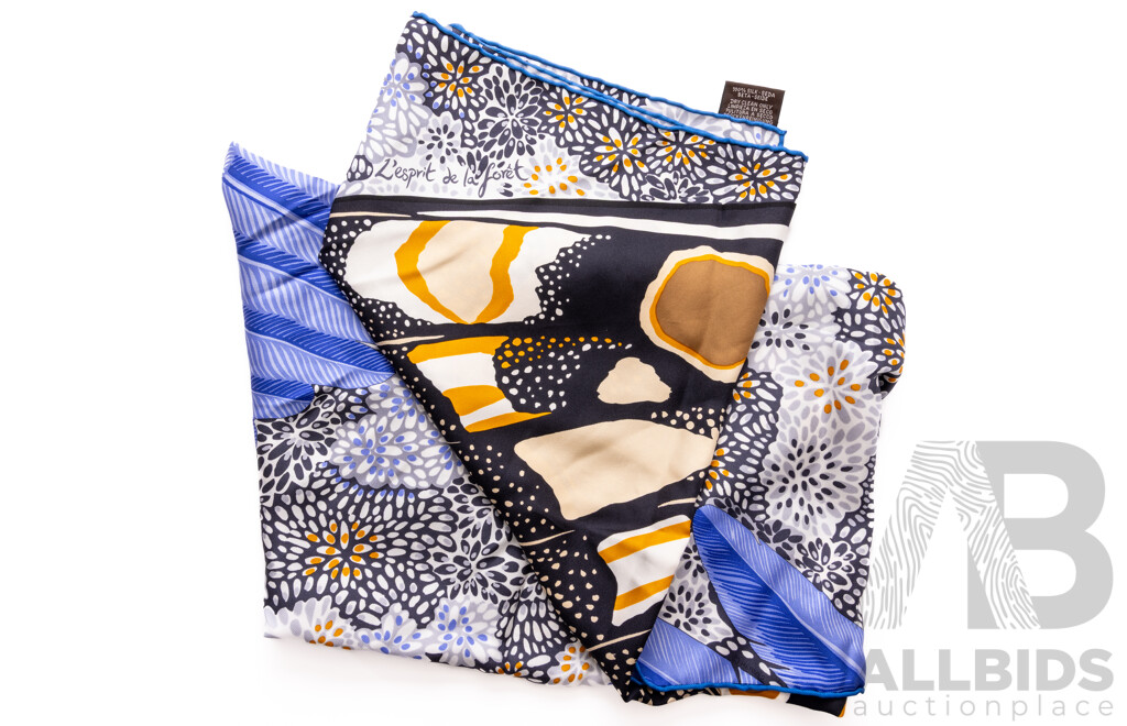 Hermes 'Inspired' Silk L'Esprit De La Foret Scarf 90 Black Ocre Bleu Lavande, Made in France