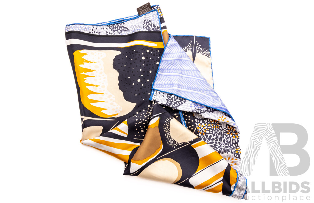 Hermes 'Inspired' Silk L'Esprit De La Foret Scarf 90 Black Ocre Bleu Lavande, Made in France