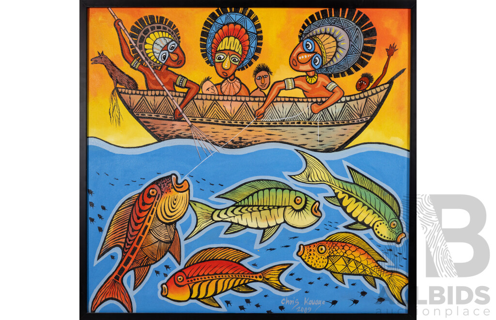 Chris Kauage (20th Century, Papua New Guinean), Native Villagers Fishing Expedition, Wonderful Original Oil on Canvas, 76 x 80 cm (frame)