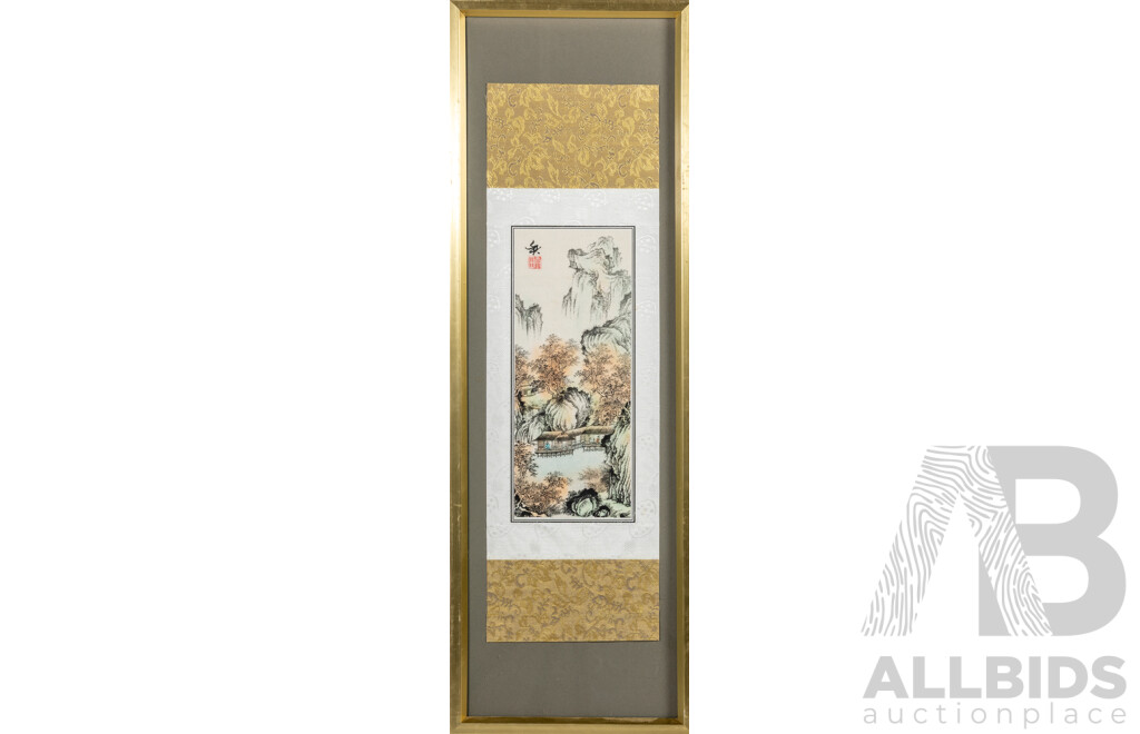 Artist Unknown (20th Century, Asian School), Tranquil Valley, Lovely Vintage Ink & Colour Wash on RIce Paper Backed on Fabric Panel, 64 x 210 cm (frame)