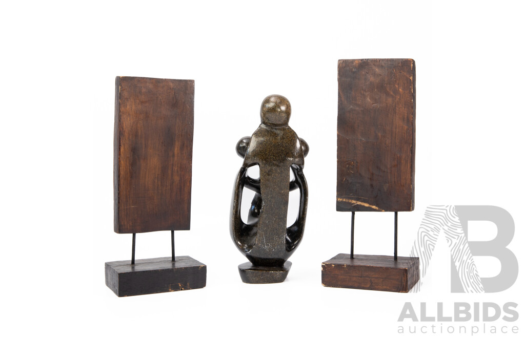Pair of Wooden Lotus Stands with African Dancing Family Stone Shona Sculpture