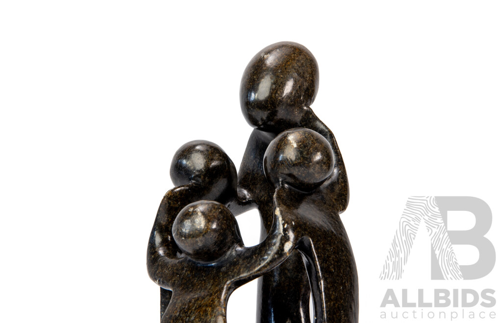 Pair of Wooden Lotus Stands with African Dancing Family Stone Shona Sculpture