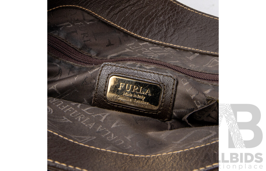 Furla Brown Leather Handbag with Front Buckle Accent
