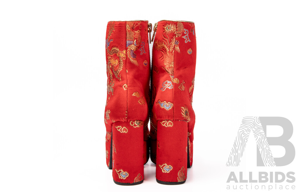 Red Platform Booties with Chinese Dragon Embroidery - Size 9