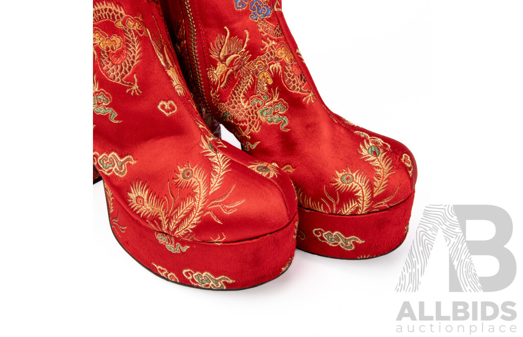Red Platform Booties with Chinese Dragon Embroidery - Size 9