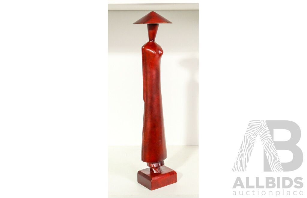 Hand-Carved Wooden Figure of Woman Wearing Conical Hat