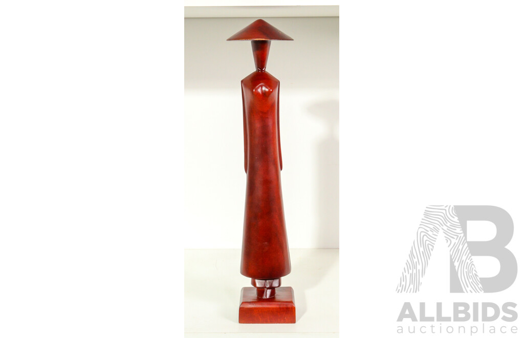 Hand-Carved Wooden Figure of Woman Wearing Conical Hat