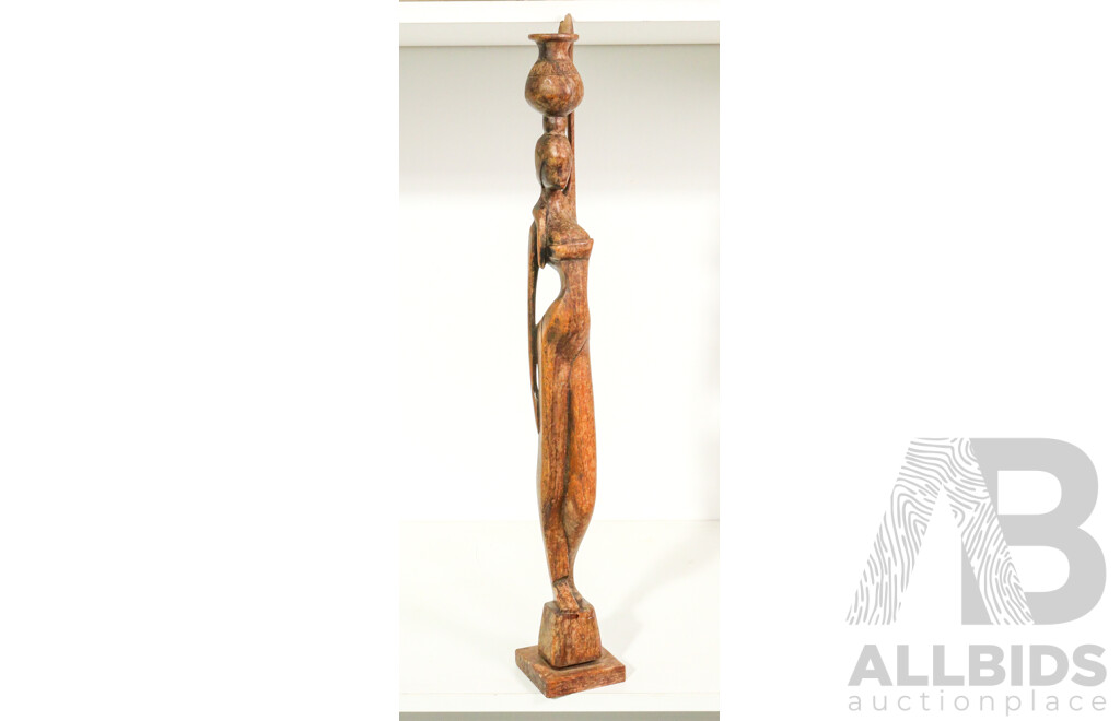 Hand-Carved Wooden Figure of Woman Carrying a Vessel