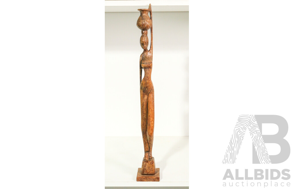 Hand-Carved Wooden Figure of Woman Carrying a Vessel