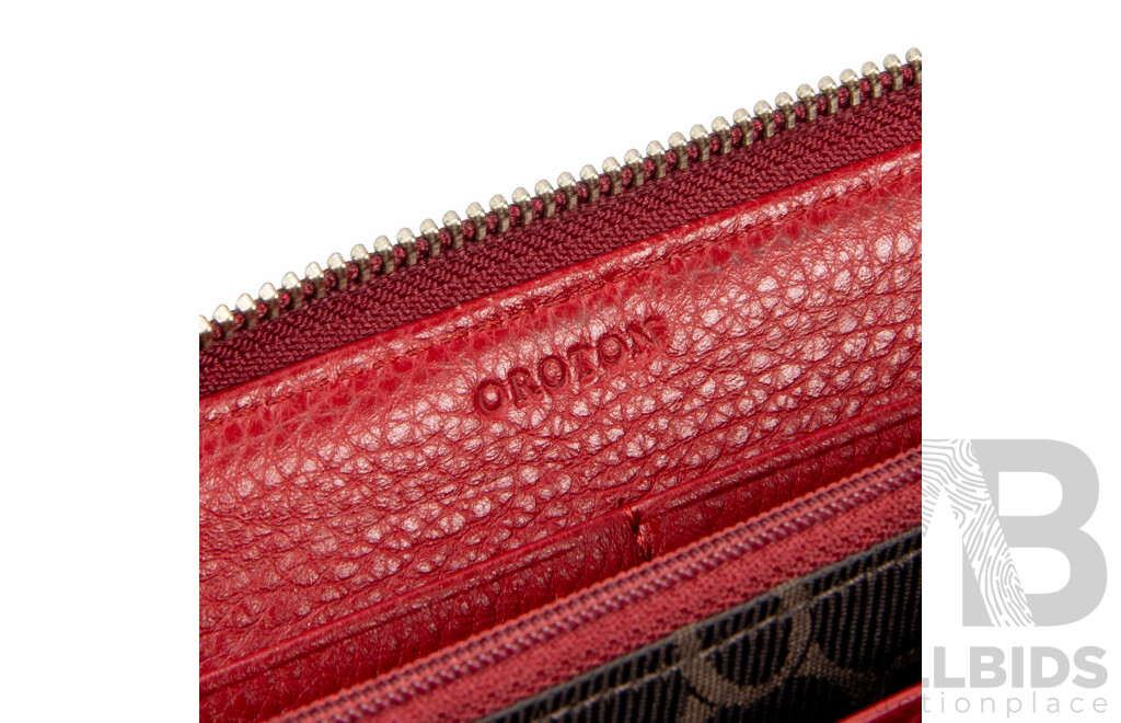 Cherry Red Pebbled Leather Wrap Around Zip Wallet by Oroton