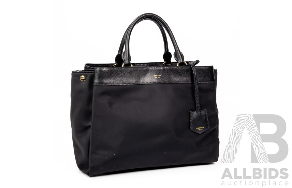 Black Nylon & Textured Leather Briefcase Style Worker Handbag by Oroton