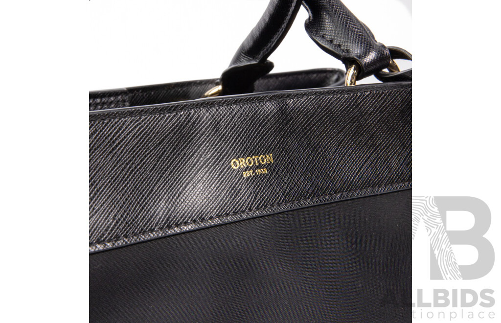 Black Nylon & Textured Leather Briefcase Style Worker Handbag by Oroton