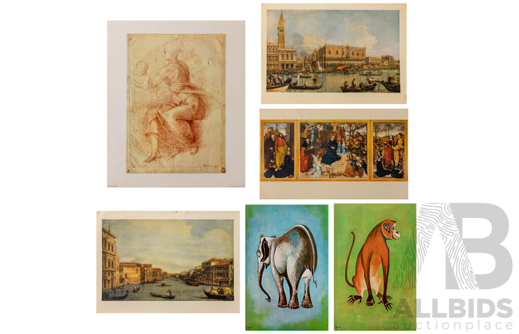 Very Nice Collection of Approximately Vintage Colour Prints Including Picasso, Leonard Da Vinci and More, 48 X 40 Cm (largest unframed)
