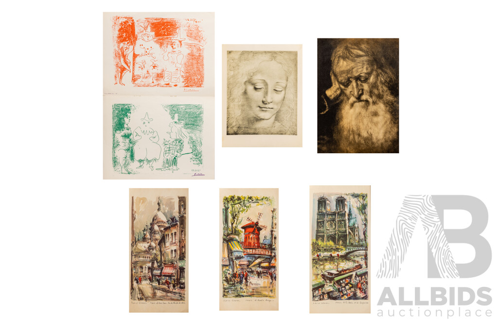 Very Nice Collection of Approximately Vintage Colour Prints Including Picasso, Leonard Da Vinci and More, 48 X 40 Cm (largest unframed)