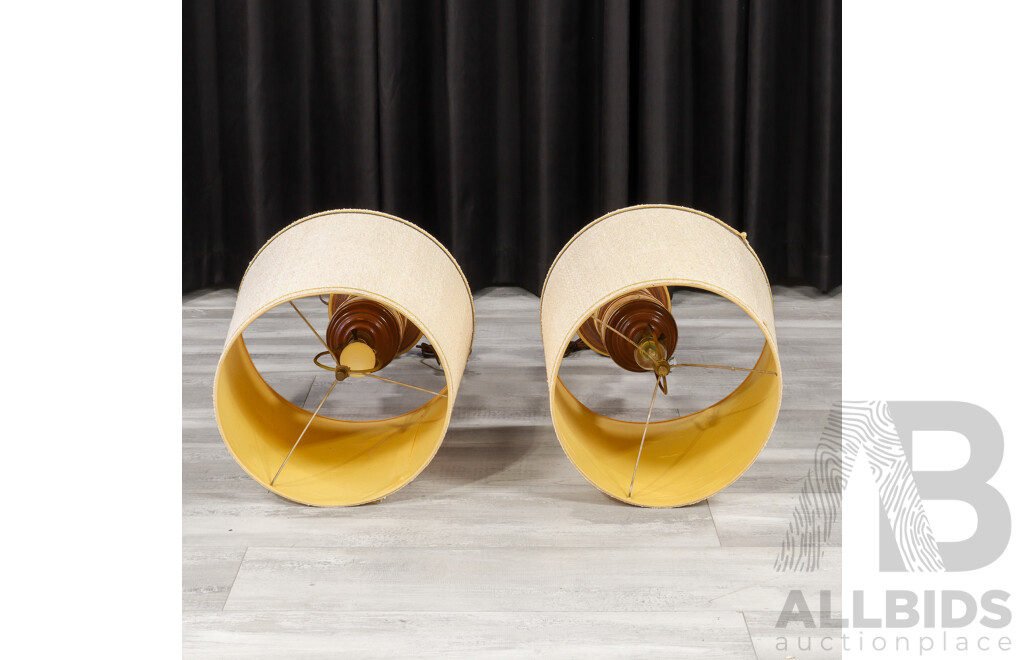 Pair of Mid-Century Table Lamps with Cork and Timber Bases