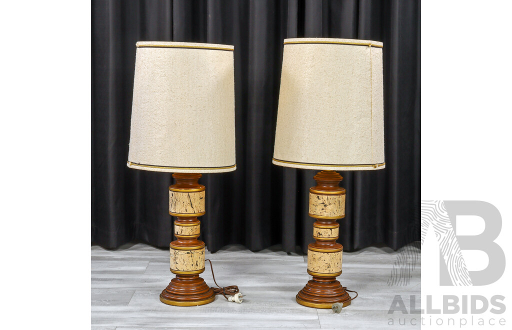 Pair of Mid-Century Table Lamps with Cork and Timber Bases