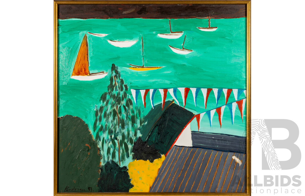 Peter Perdriau, (20th Century, Australian, 1952-), Boat Harbour (1983), Wonderful Original Oil on Canvas, 80 x 80 cm (frame)