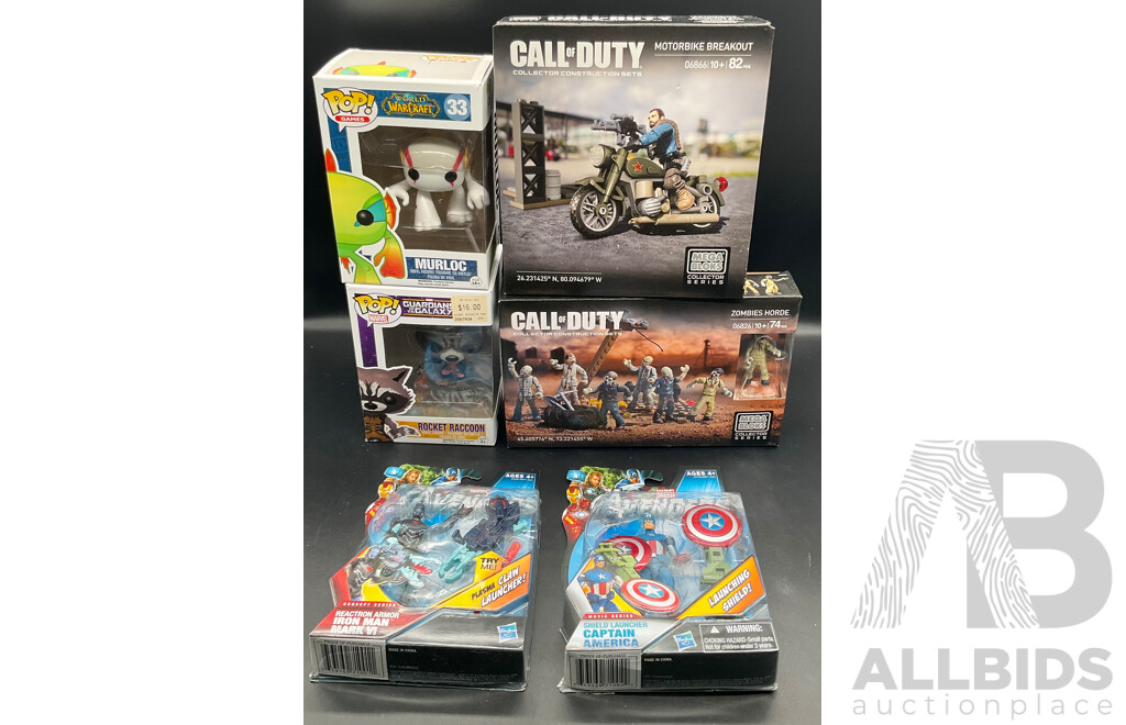 Assorted Collectable Figures, Including2 Funko Pops Collectable Vinyl Figures, 2 MARVEL Avengers Action Figures and  MEGA BLOCK Call of Duty Collectorable Building Sets - Lot of 6