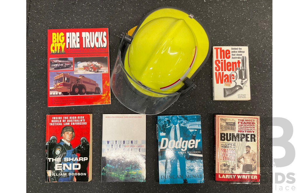 NSW Firefighter Helmet and Assorted Police and Firefighting History Books - Lot of 7