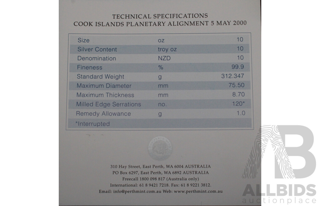 Australian TPM 2000 Planetary Alignment 10 Oz Ten Dollar Silver Proof Coin