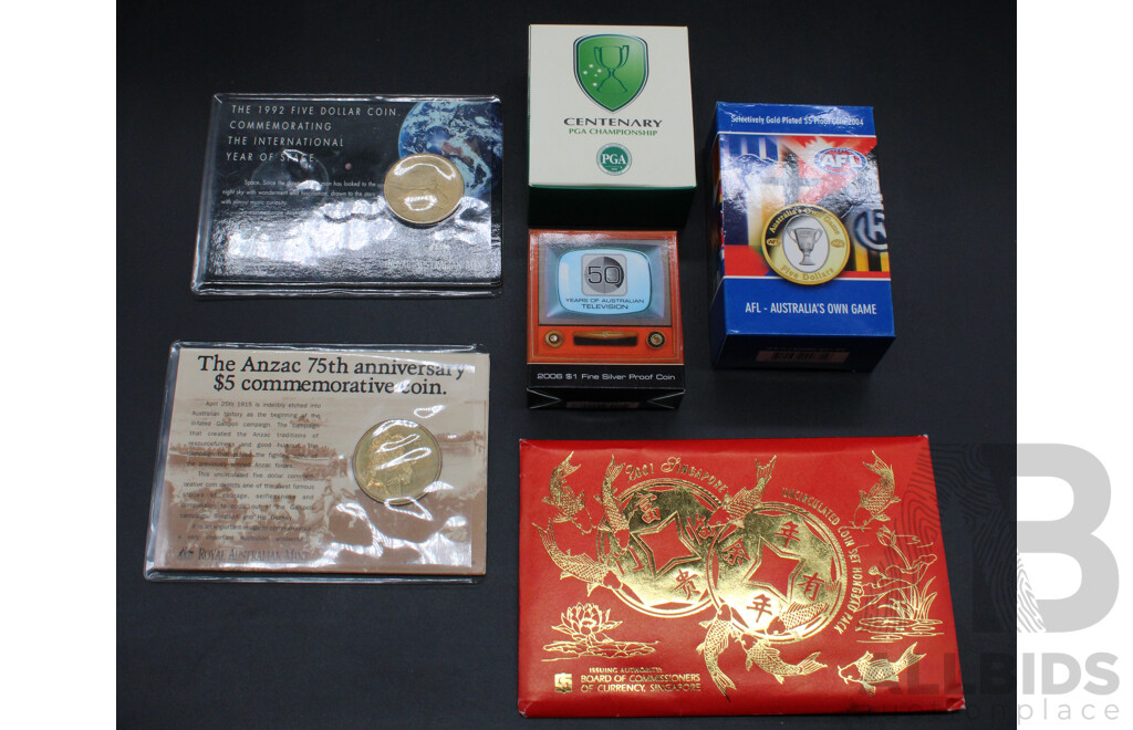 Collection of Australian Proof Coins and 2021 Singapore ''Lunar New Year'' Coin Set in a Hongbao Pack - Lot of 6