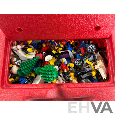 Collection of Vintage Lego Pieces Including Figures, Animals, Base Plates