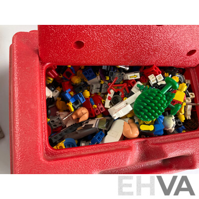 Collection of Vintage Lego Pieces Including Figures, Animals, Base Plates